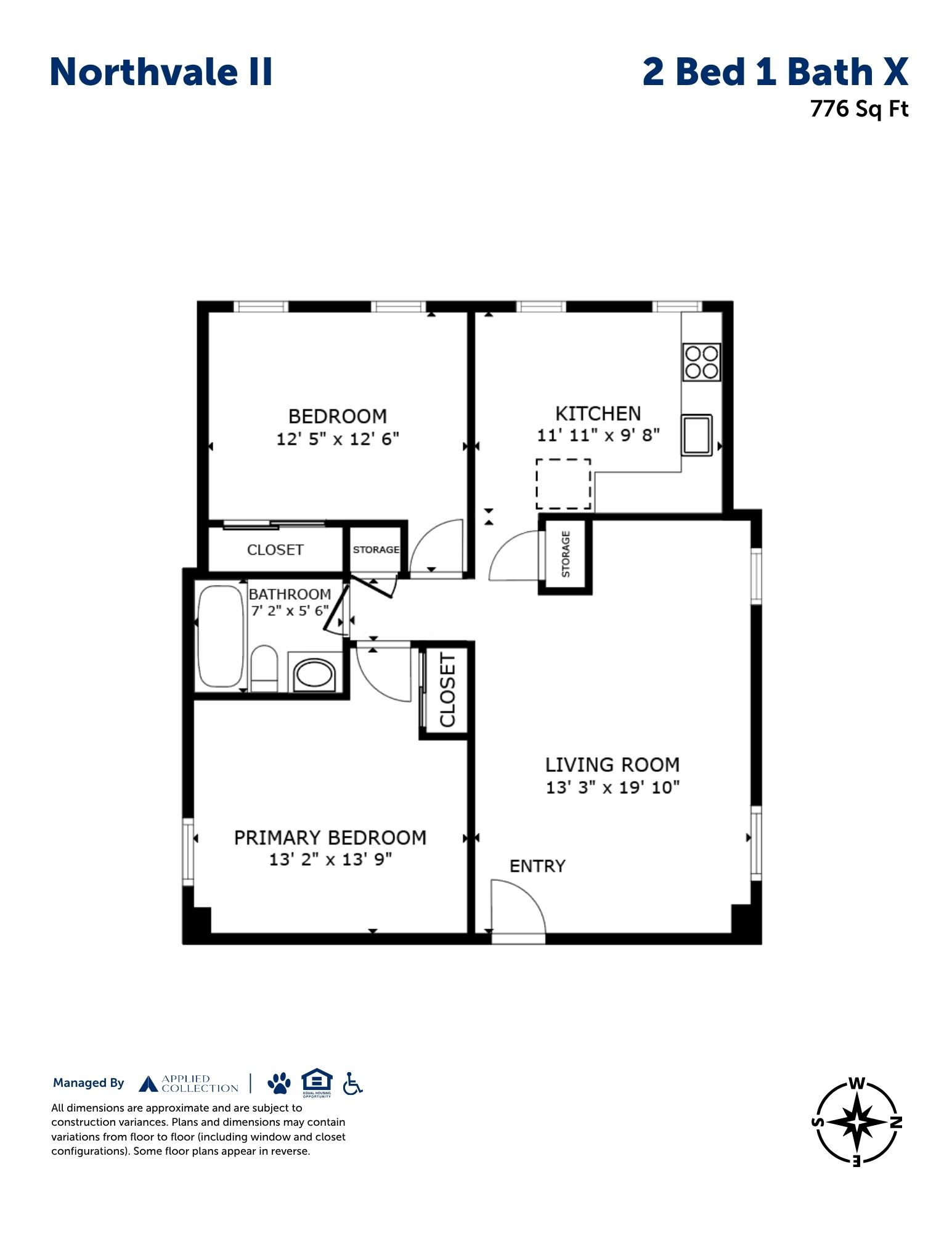 Floor plan for 2 beds, 1 bath, 776 sqft